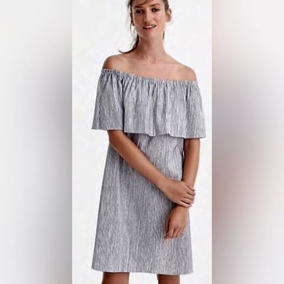 J. Crew Blue and White Cotton Off the Shoulder Ruffles Short Mini Dress- Size S - Picture 1 of 8